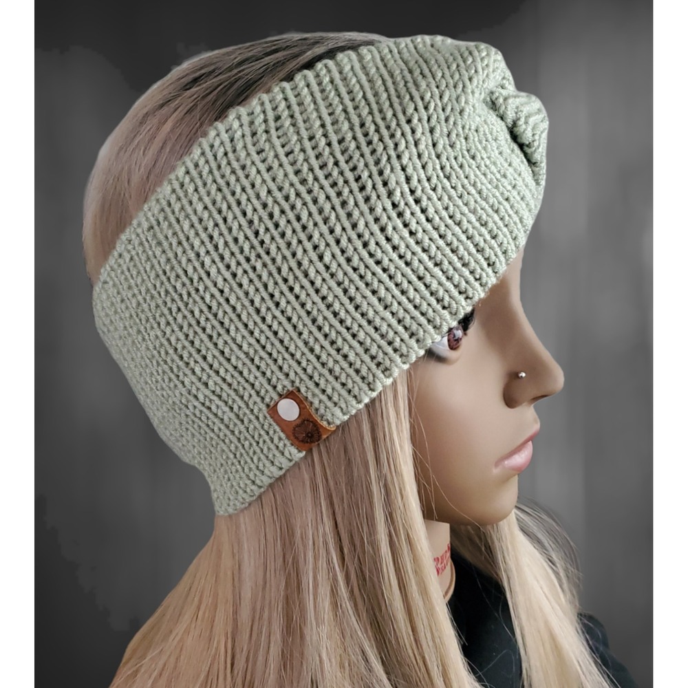 Handmade Knit Twisted Headband | Green Winter Ear Warmer | Cozy Knit Hairband - Picture 3 of 8
